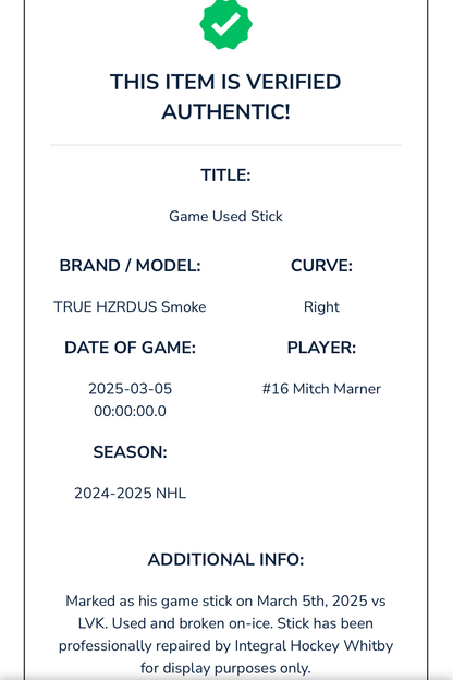 Mitch Marner game-used stick for Toronto Maple Leafs - Vegas Golden Knights with certificate of authenticity