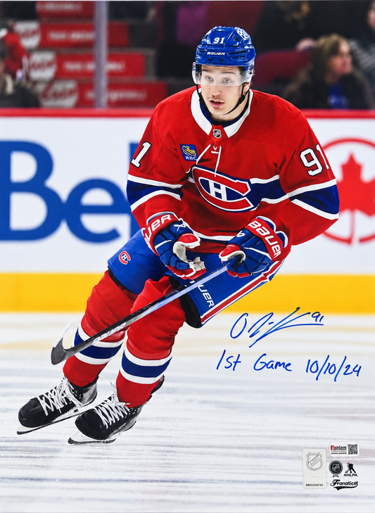 Oliver Kapanen photo autographiée 16x20 Canadiens de Montréal avec inscription 1st Game 10/10/24