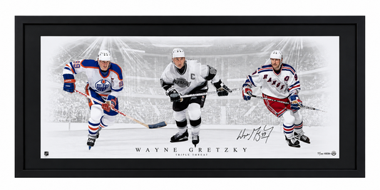Wayne Gretzky cadre 19x40 autographié Triple Thread Oilers/Kings/Rangers